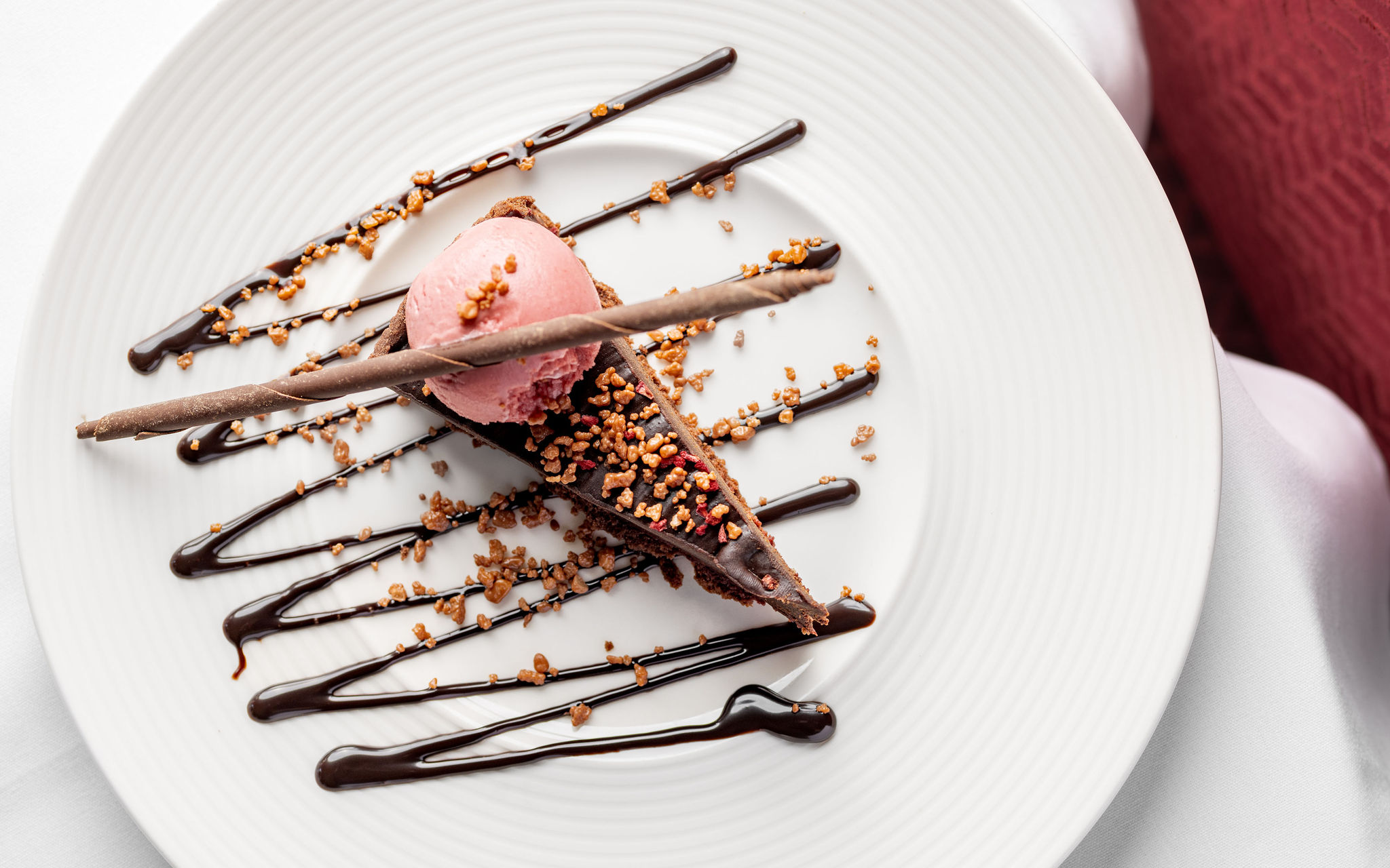 Chocolate tart, raspberry sorbet
