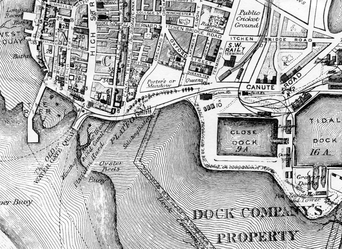 A 19th-century map of Southampton's old waterfront and dock company property