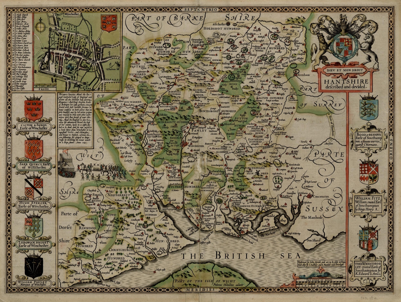 John Speed's 1611 map of Hampshire, with Southampton inset