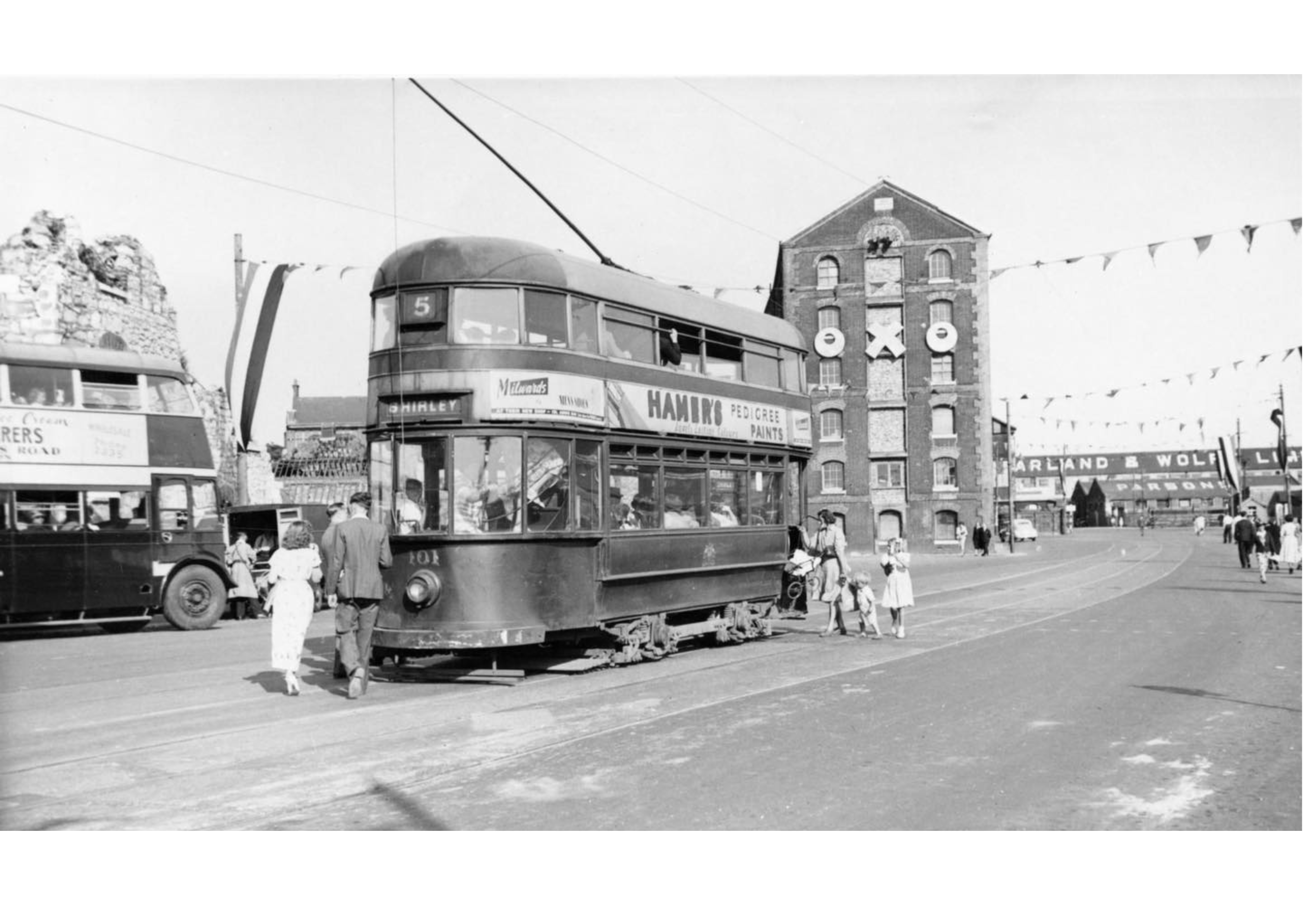 A tram in front of Geddes Warehouse, c. 1950s